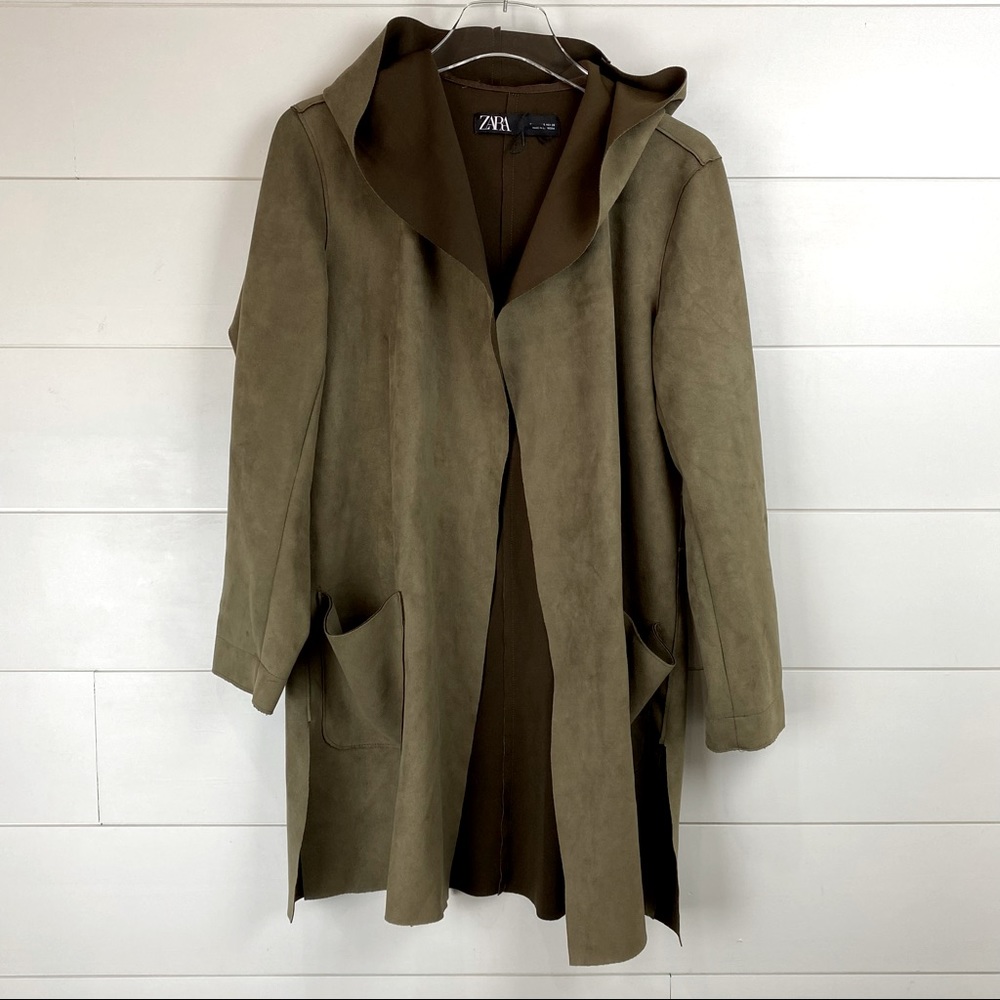 NEW ZARA Small Faux Suede Leather Open Hooded Jacket Coat - Picture 2 of 10